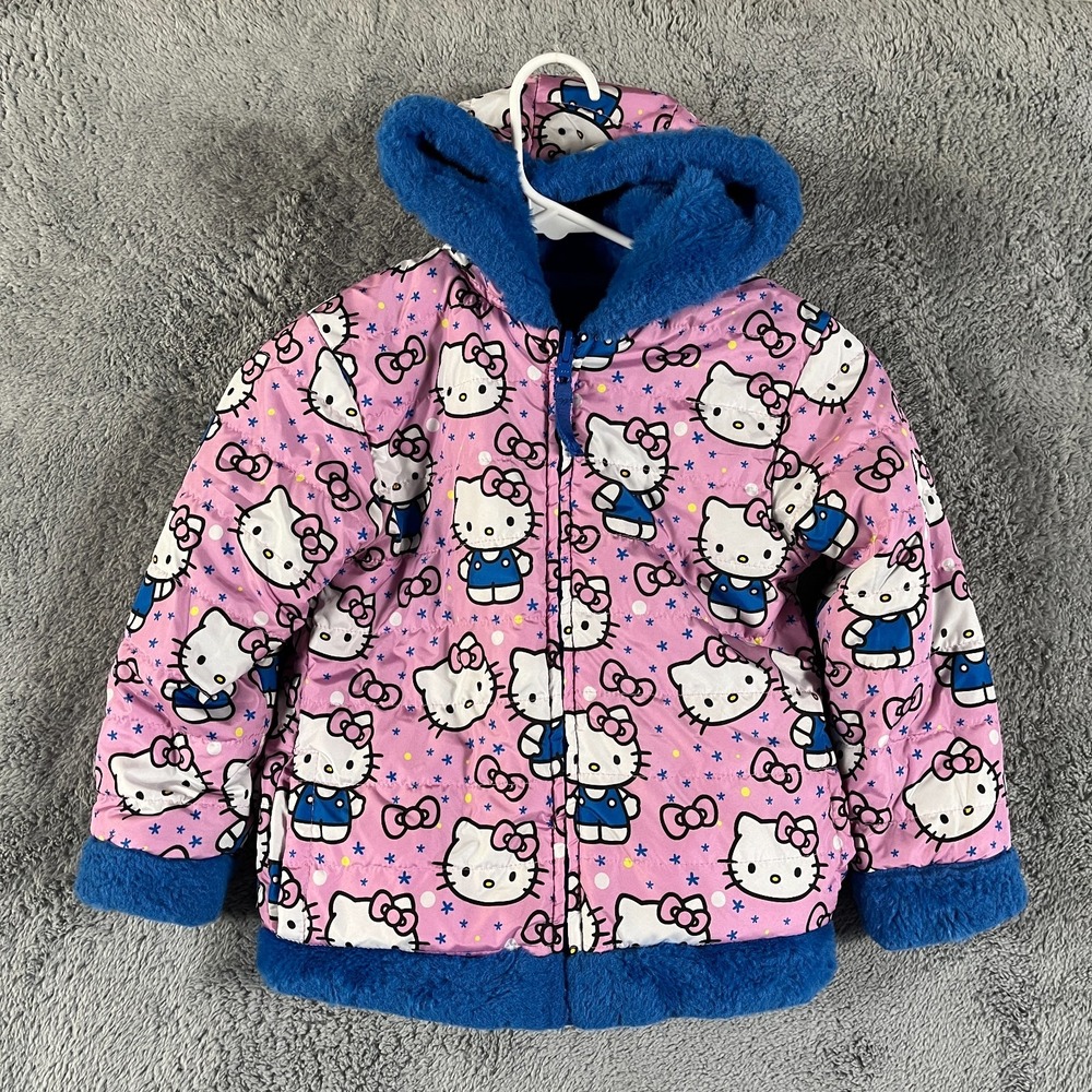 Sanrio Hello Kitty Reversible Puffer Jacket Kids Girls 5 Pink Blue Hooded Zip Up